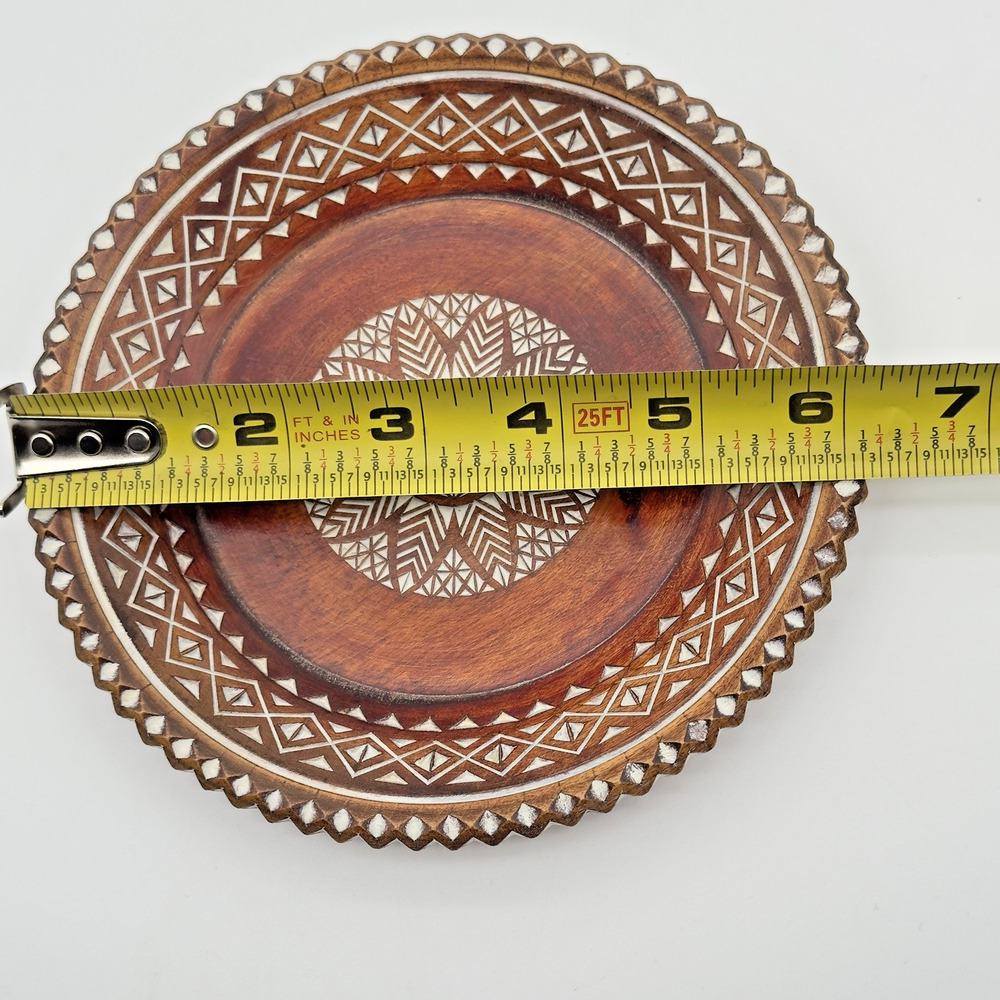 Vintage Hand Carved Wood Plate Trinket Dish Hand Painted Folk Art 6.25" - Picture 3 of 4